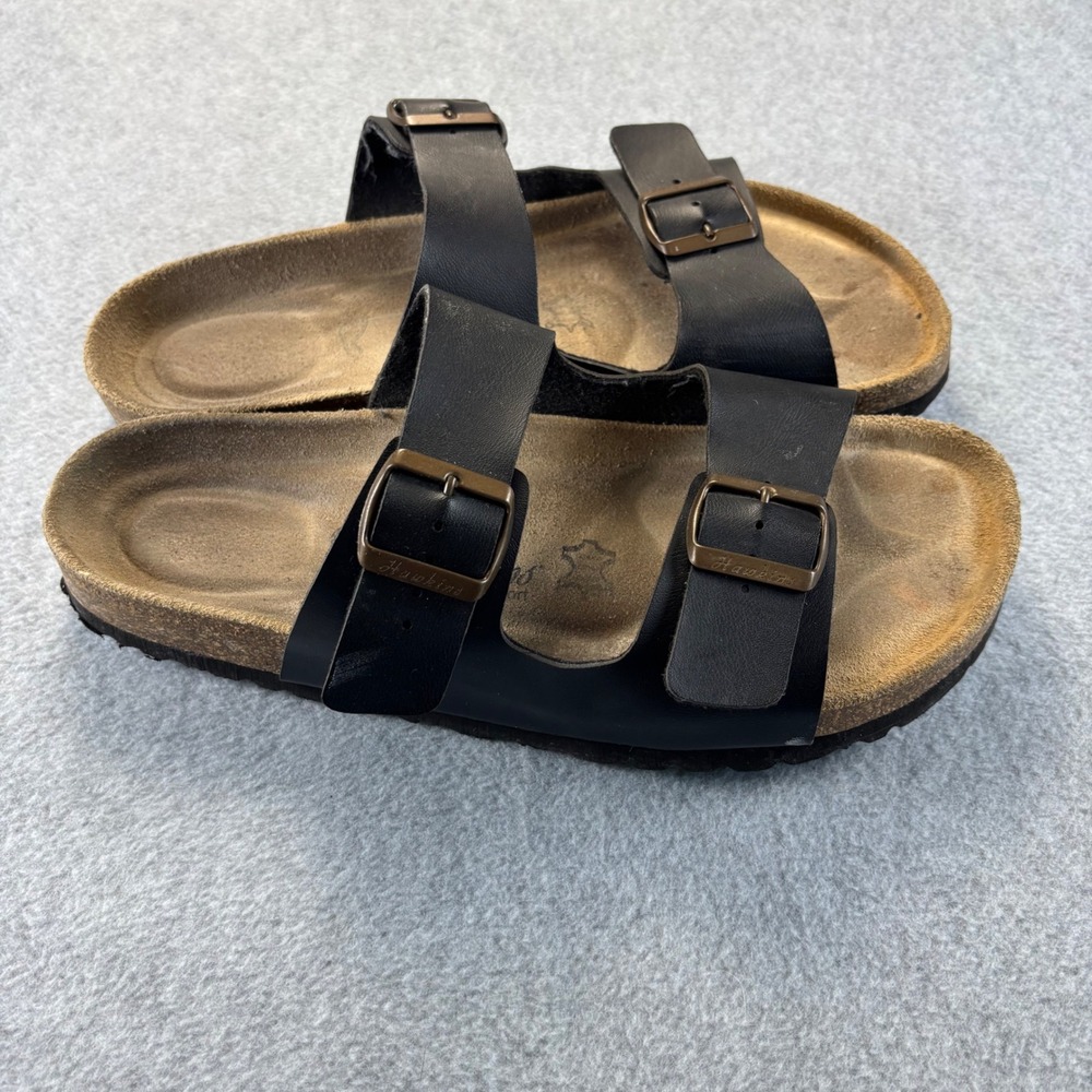 Hawkins Spain Comfort Sandals Mens 44 Black Leather Double Buckle Slides